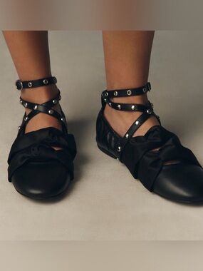 Maeve Black Studded Crisscross Ankle-Strap Ballet Flats